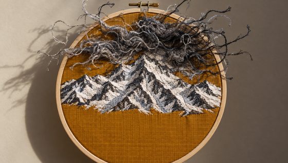 An embroidery hoop holding a stitched mountain range under a storm of loose threads